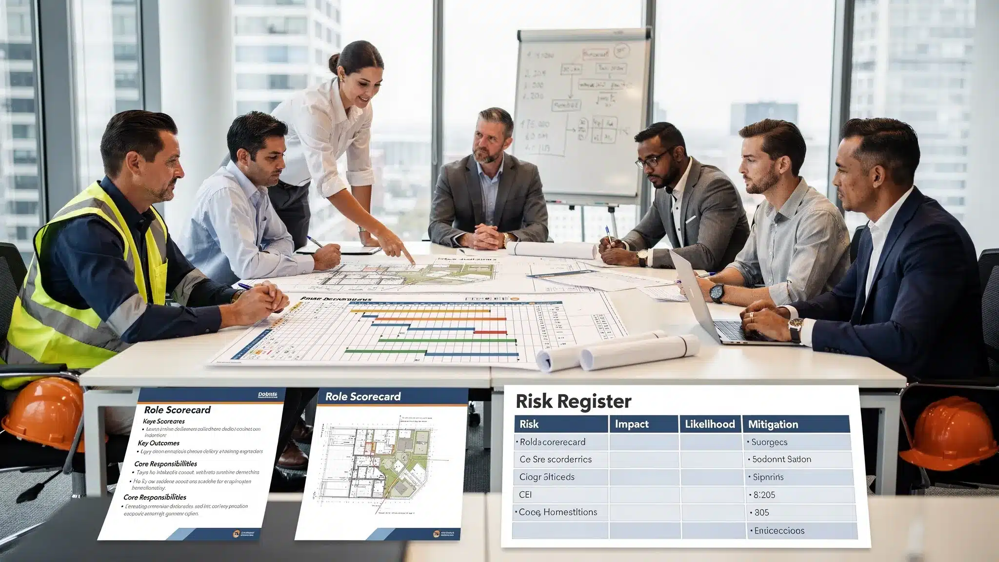 A civil engineering leadership team in a conference room reviewing a project delivery schedule alongside a hiring timeline, with printed role scorecards, a simple risk register, and construction plans on the table.