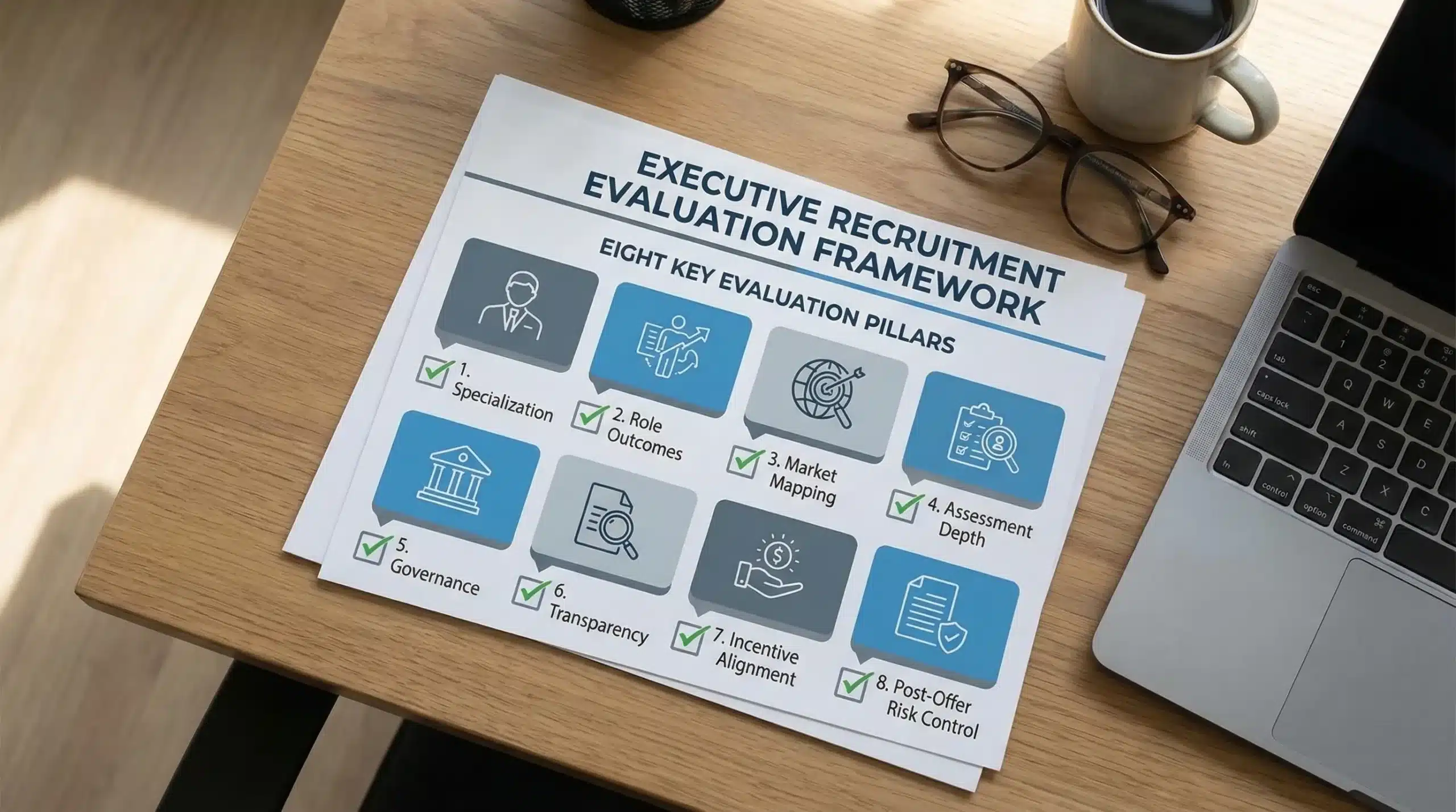 A clean decision framework graphic showing eight evaluation pillars for executive recruitment companies, arranged as a checklist: specialization, role outcomes, market mapping, assessment depth, governance, transparency, incentive alignment, and post-offer risk control.
