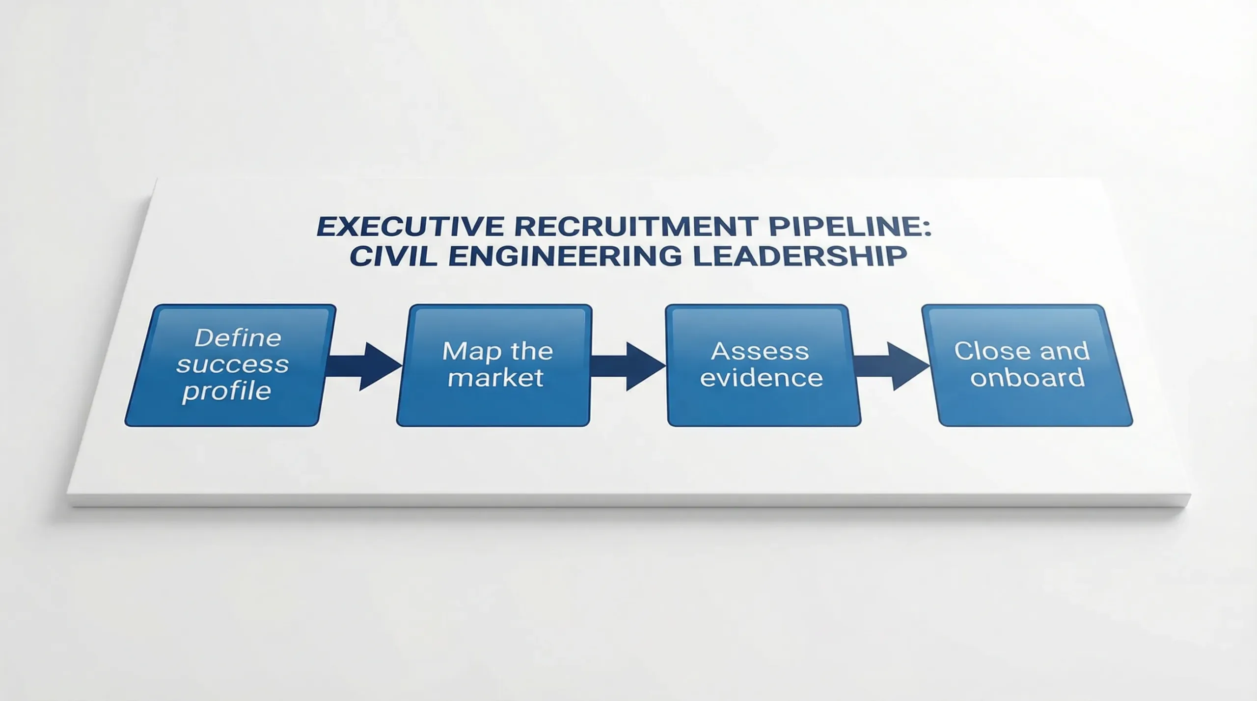 A clean four-stage executive recruitment pipeline diagram for civil engineering leadership roles with four labeled boxes: Define success profile, Map the market, Assess evidence, Close and onboard, shown as a simple flowchart on a white background.