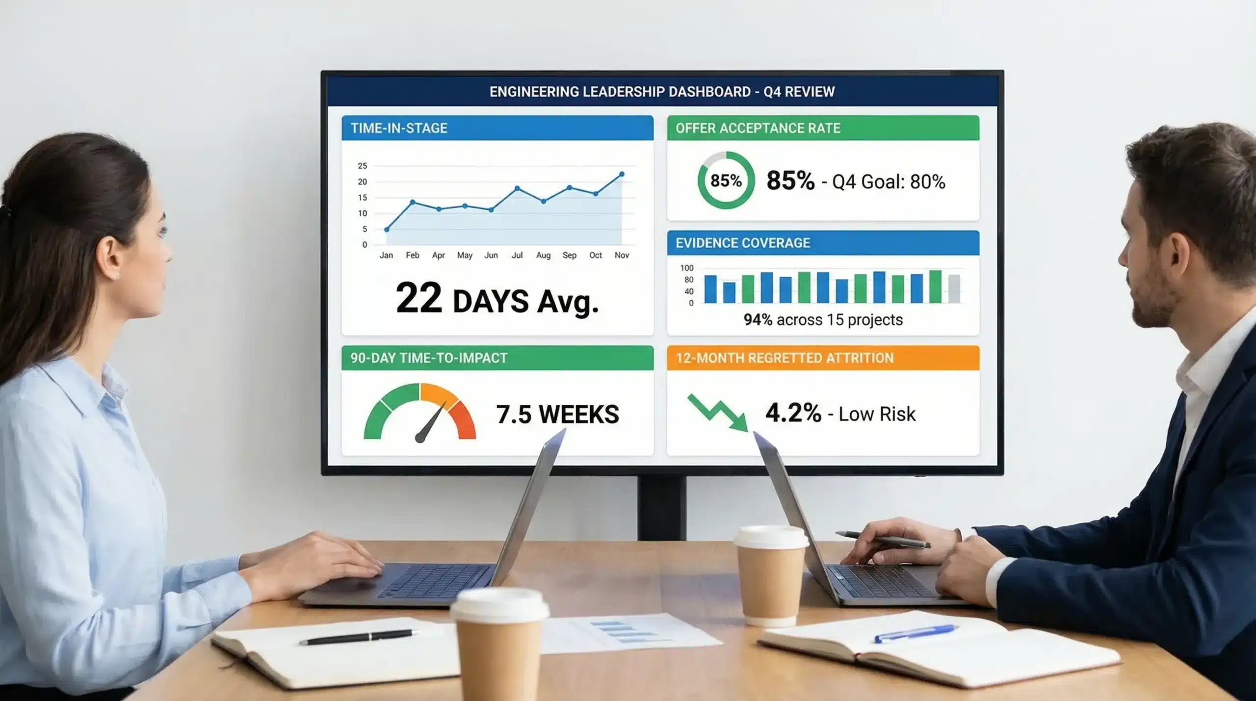 A clean KPI dashboard mockup showing tiles for time-in-stage, offer acceptance rate, evidence coverage, 90-day time-to-impact, and 12-month regretted attrition, designed for an engineering leadership team meeting.
