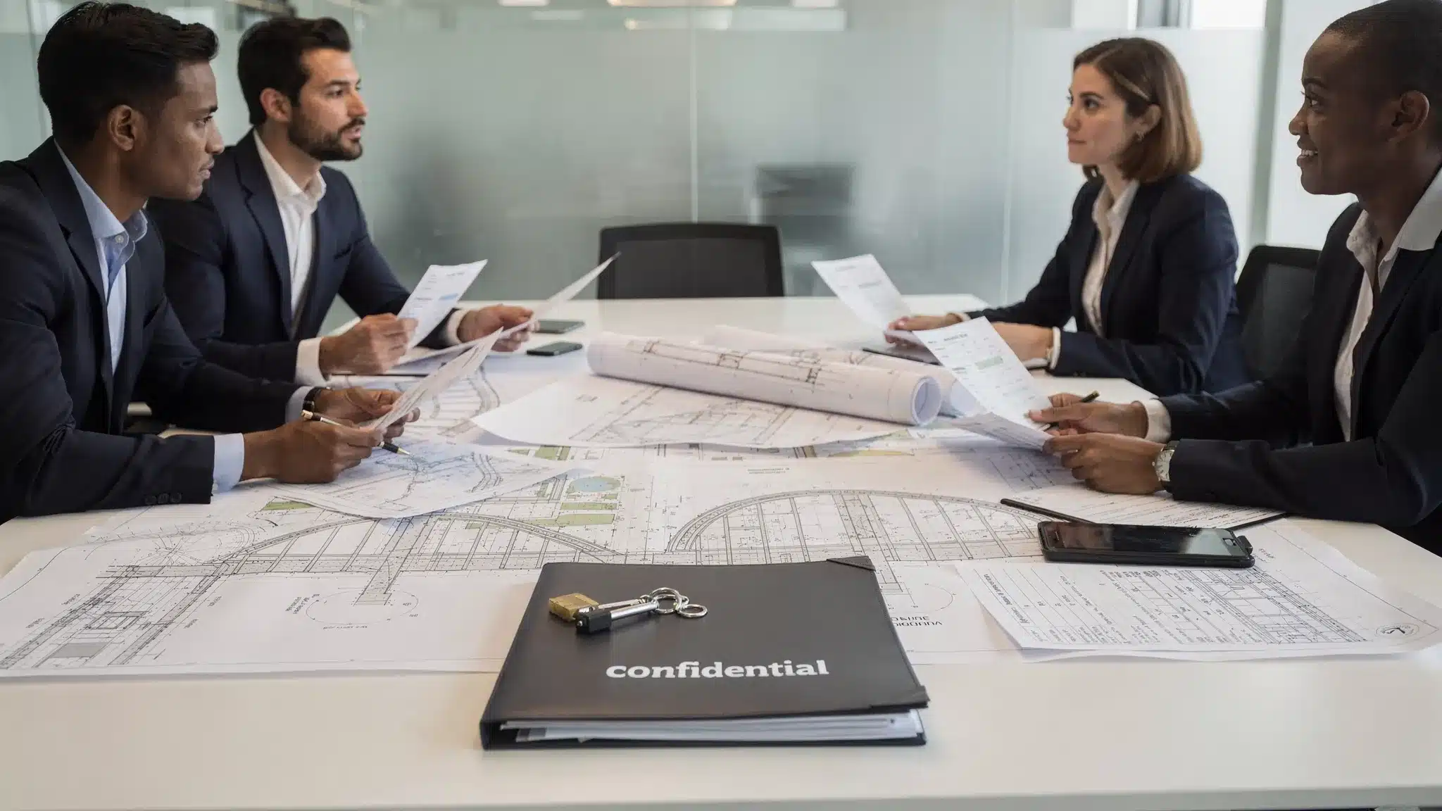 A discreet executive search process in a civil engineering firm setting: a conference room with printed project plans on a table, a locked folder labeled “confidential,” and a small group of leaders reviewing candidate scorecards without any visible company names or screens.