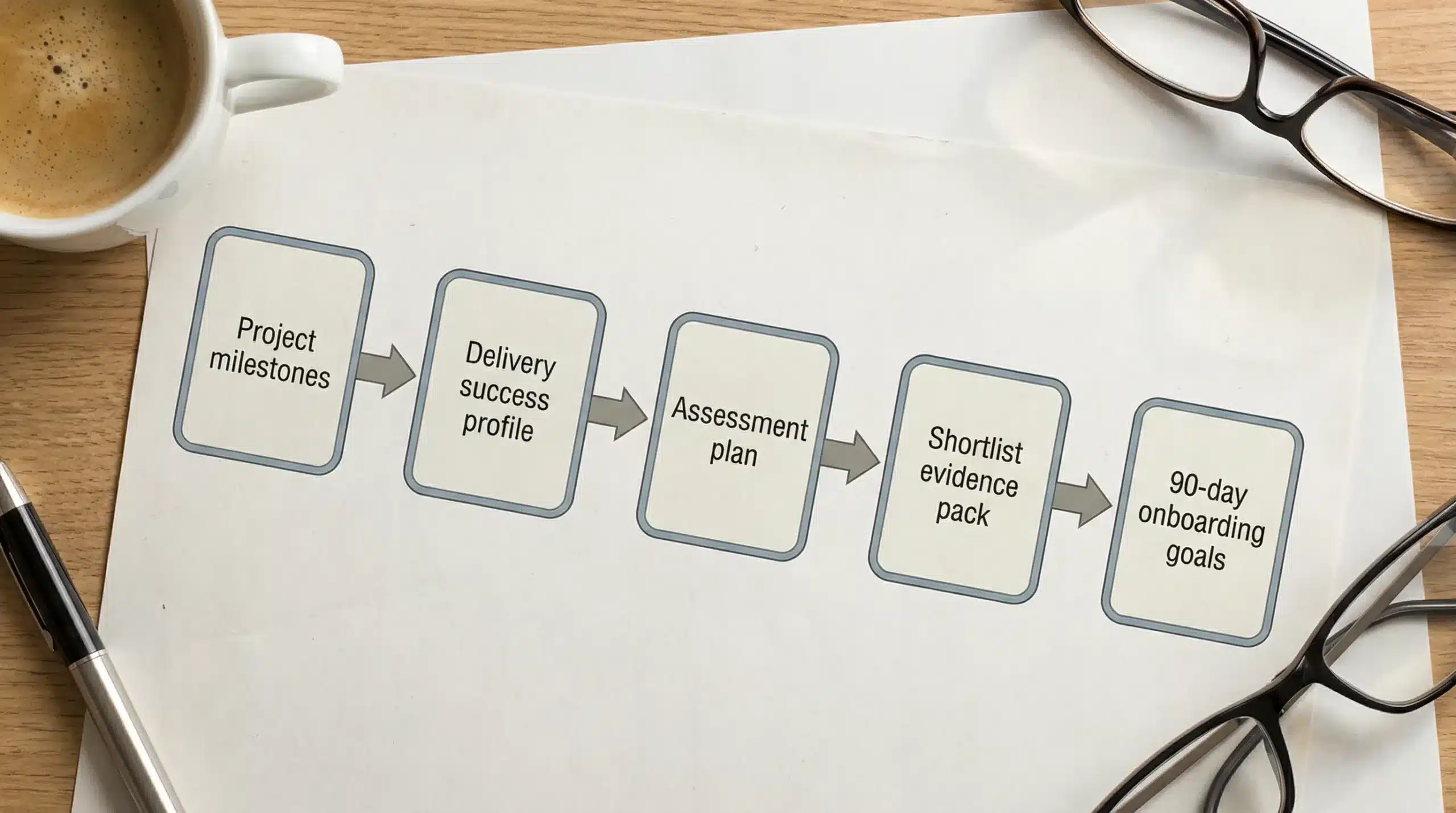 A simple diagram showing alignment from “Project milestones” to “Delivery success profile” to “Assessment plan” to “Shortlist evidence pack” to “90-day onboarding goals”, with five labeled boxes connected by arrows.