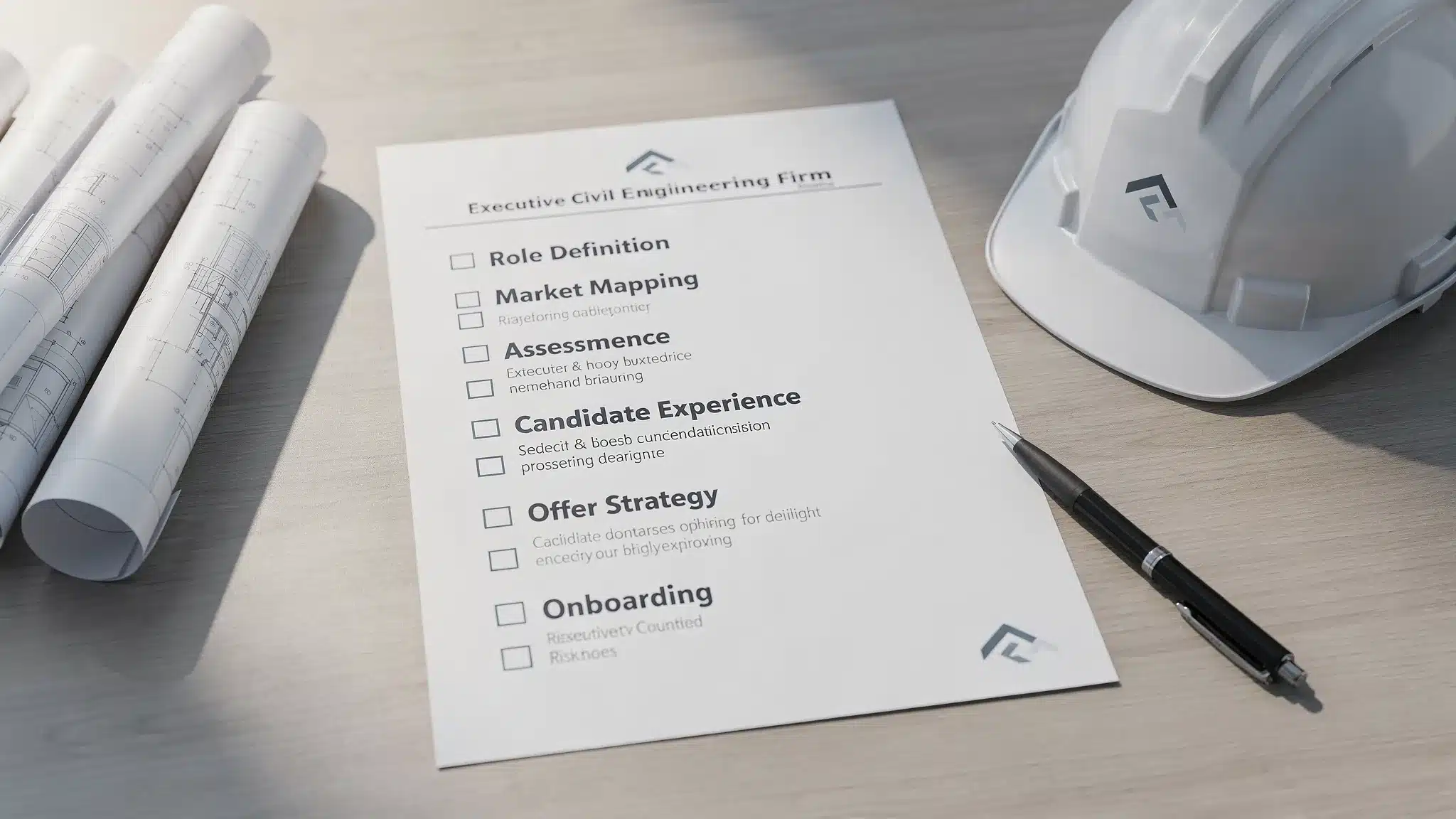 A simple executive recruitment quality framework for a civil engineering firm, shown as an eight-part checklist on a desk next to rolled infrastructure plans, a hard hat, and a pen, emphasizing role definition, market mapping, assessment, governance, candidate experience, offer strategy, risk controls, and onboarding.