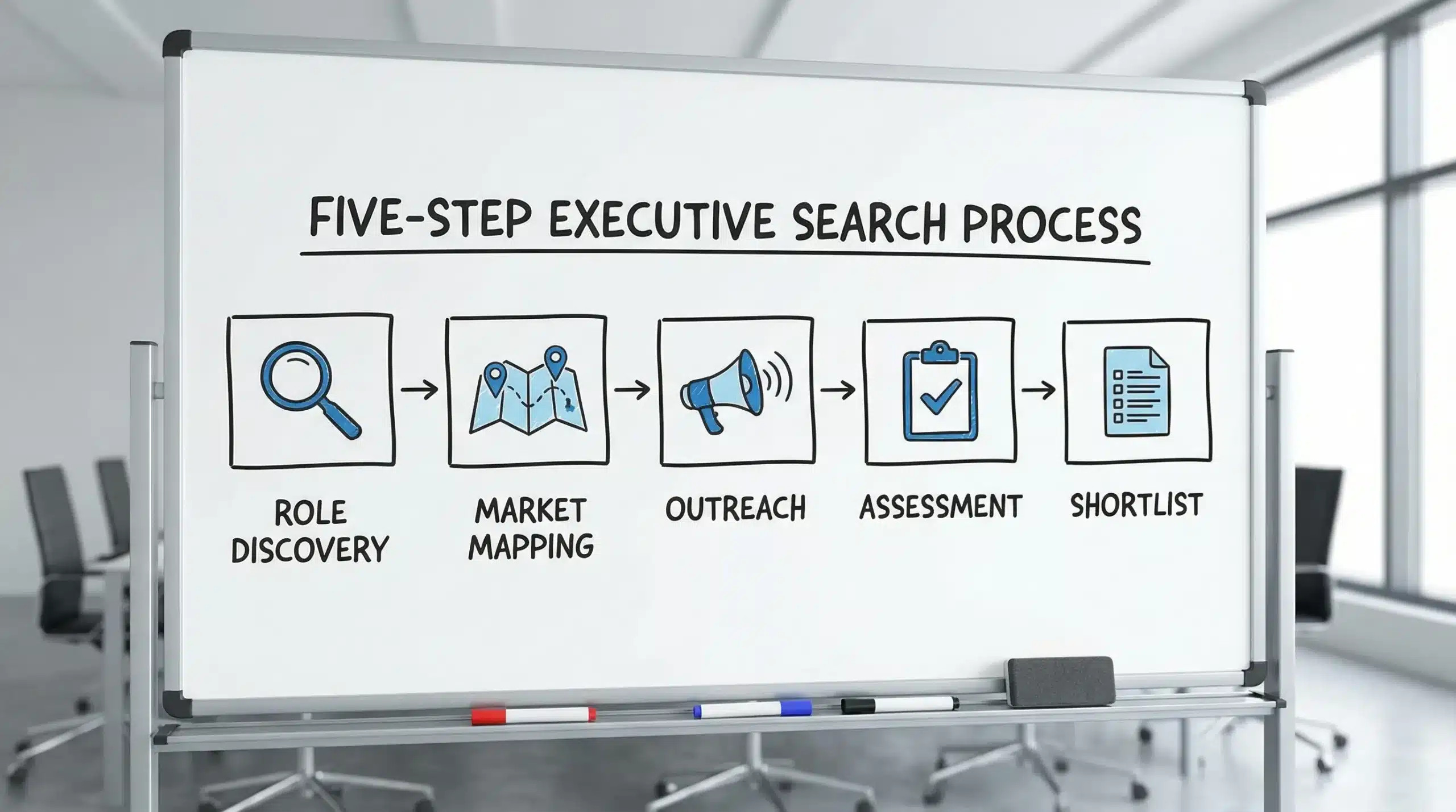 A simple five-step executive search process illustration with icons and labels: Role Discovery, Market Mapping, Outreach, Assessment, Shortlist. Clean business style, no brand logos.