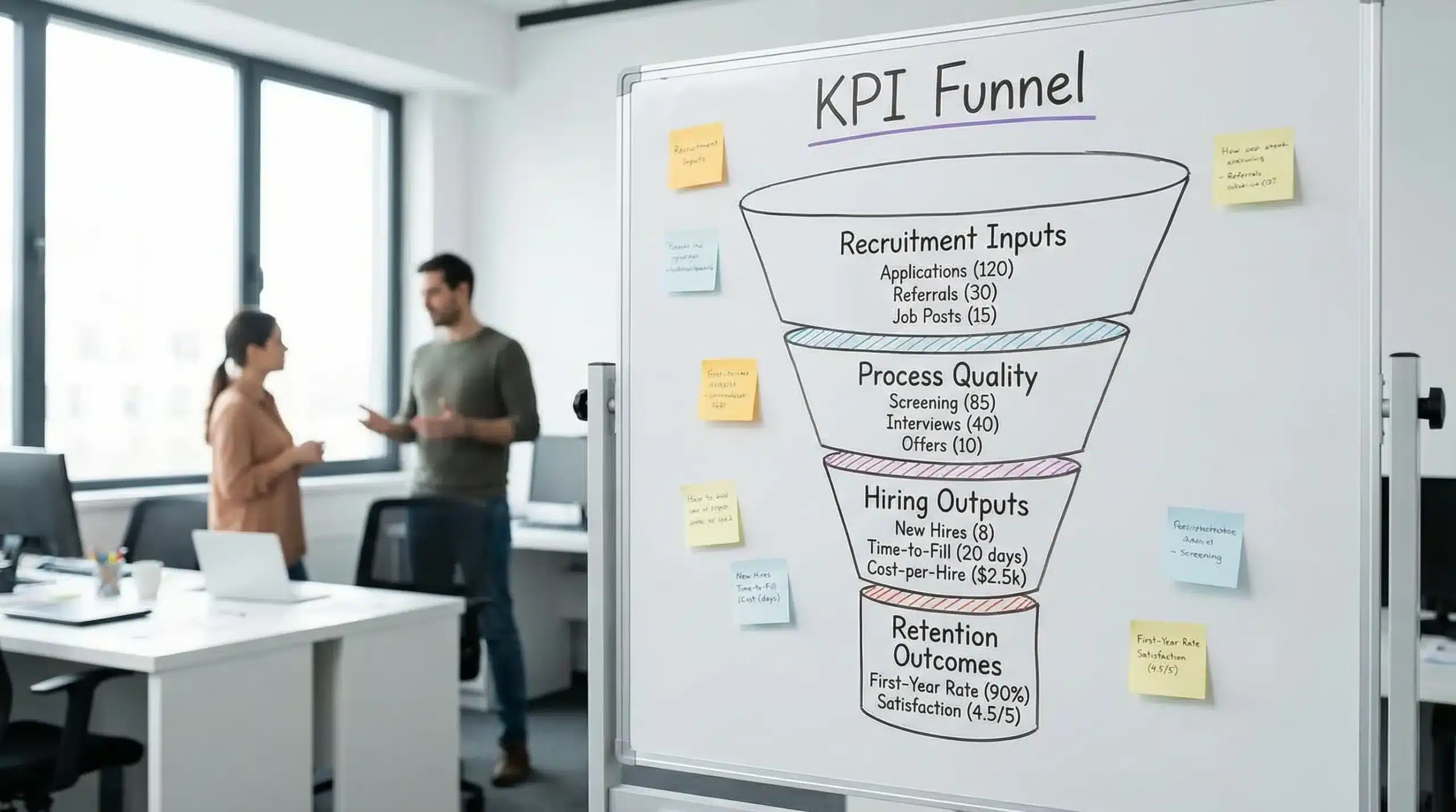 A simple four-layer KPI funnel diagram showing Recruitment Inputs leading to Process Quality, then Hiring Outputs, then Retention Outcomes, with example metrics under each layer.