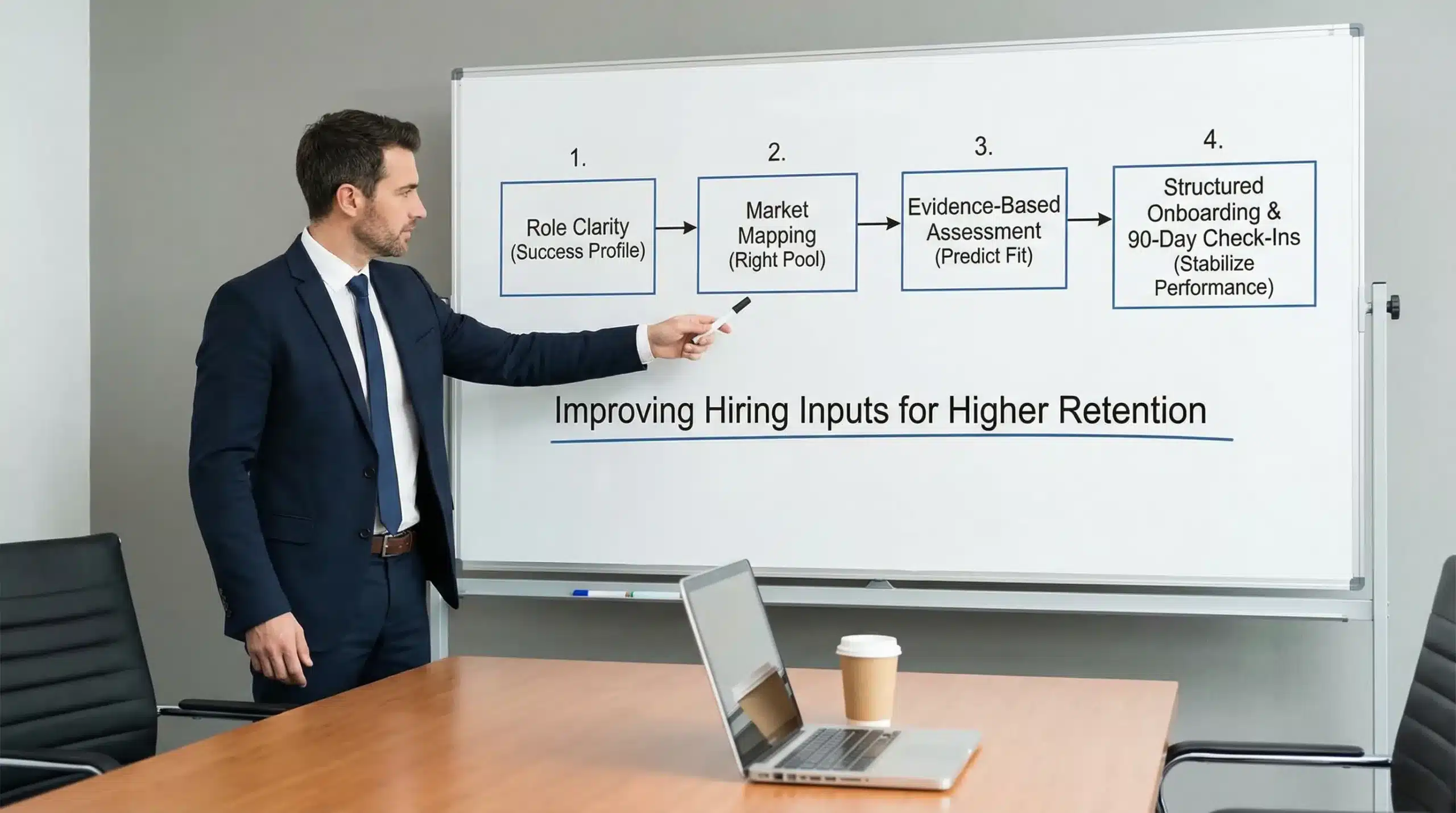 A simple four-step diagram showing how retention improves when hiring inputs improve: Role clarity (success profile) leads to Market mapping (right pool), then Evidence-based assessment (predict fit), then Structured onboarding and 90-day check-ins (stabilize performance).