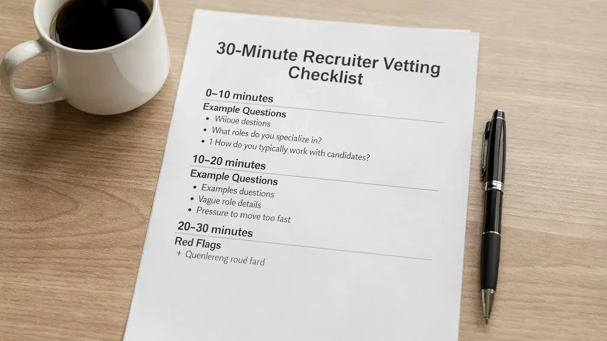 A simple one-page “30-minute recruiter vetting” checklist on a desk, showing three time blocks (0 to 10, 10 to 20, 20 to 30 minutes) with example questions and red flags, alongside a pen and a coffee mug.