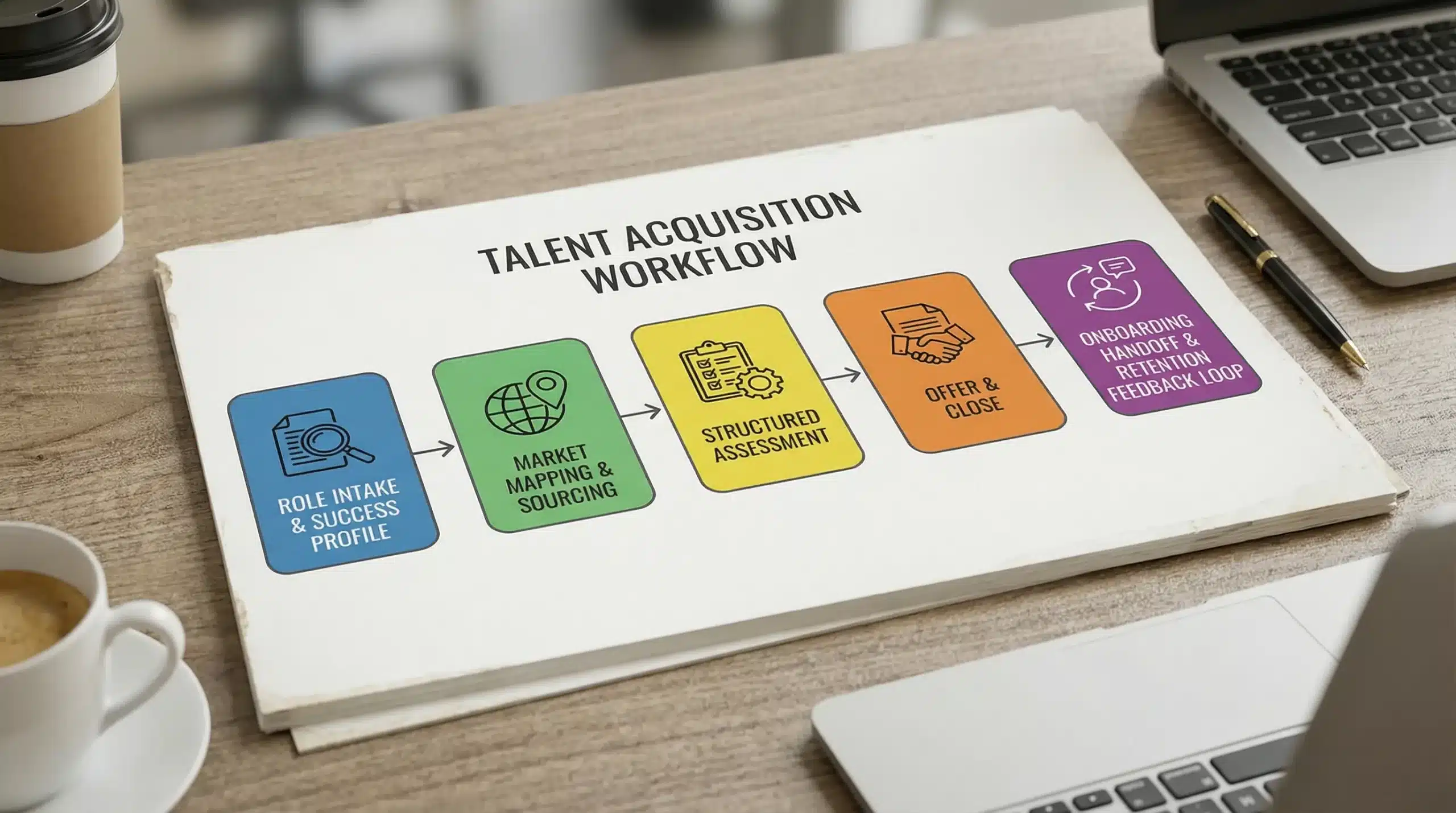 A talent acquisition workflow diagram showing five connected steps: Role intake and success profile, Market mapping and sourcing, Structured assessment, Offer and close, Onboarding handoff and retention feedback loop. Simple icons represent each step.