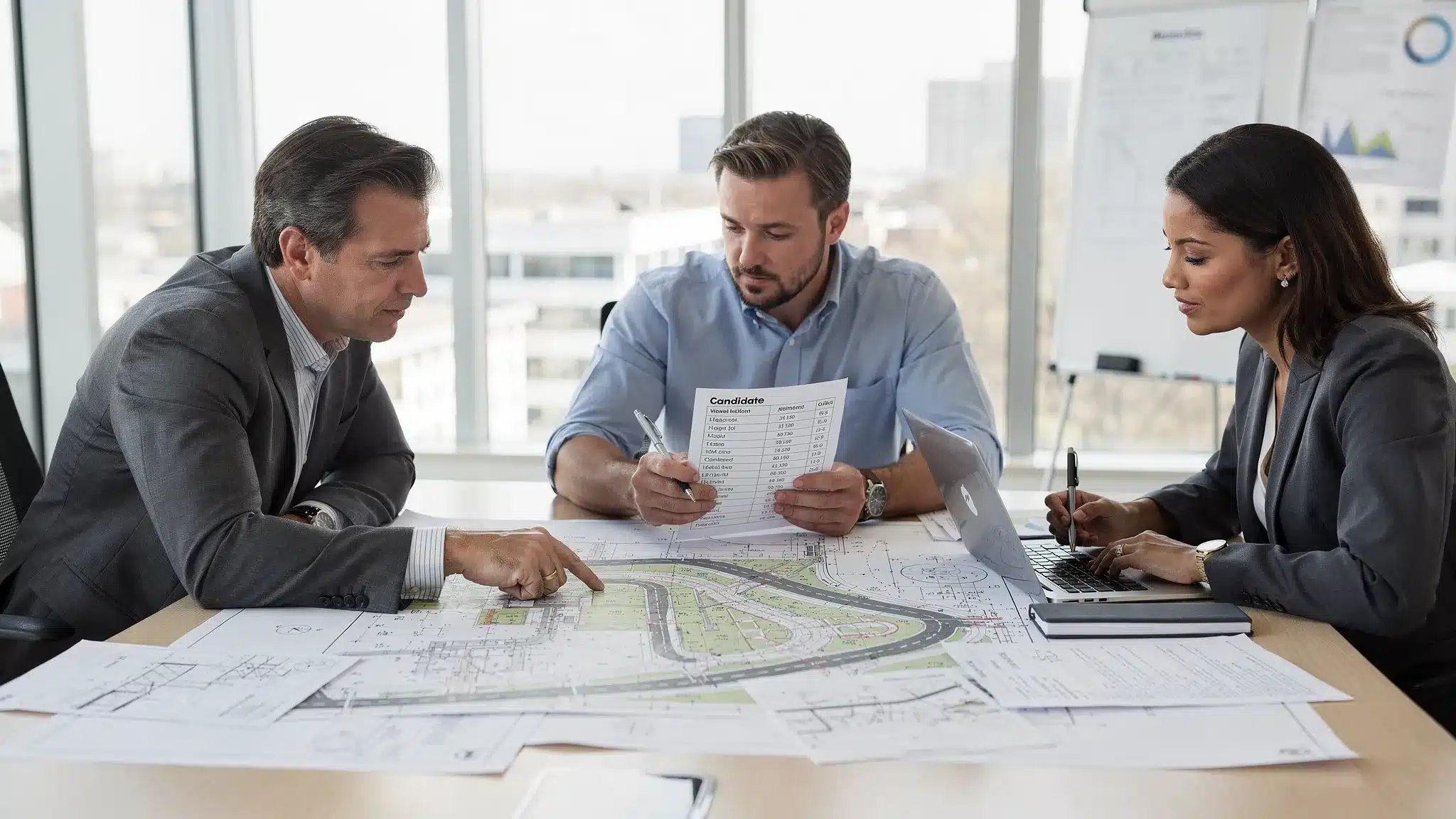 Civil engineering hiring meeting scene with a project manager, discipline lead, and HR reviewing a candidate scorecard and project list at a conference table with printed plans.
