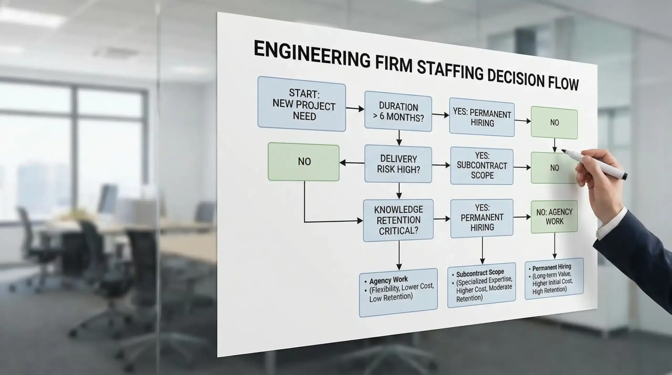Decision flow diagram for an engineering firm choosing between agency work, subcontract scope, and permanent hiring based on duration, delivery risk, and knowledge retention.