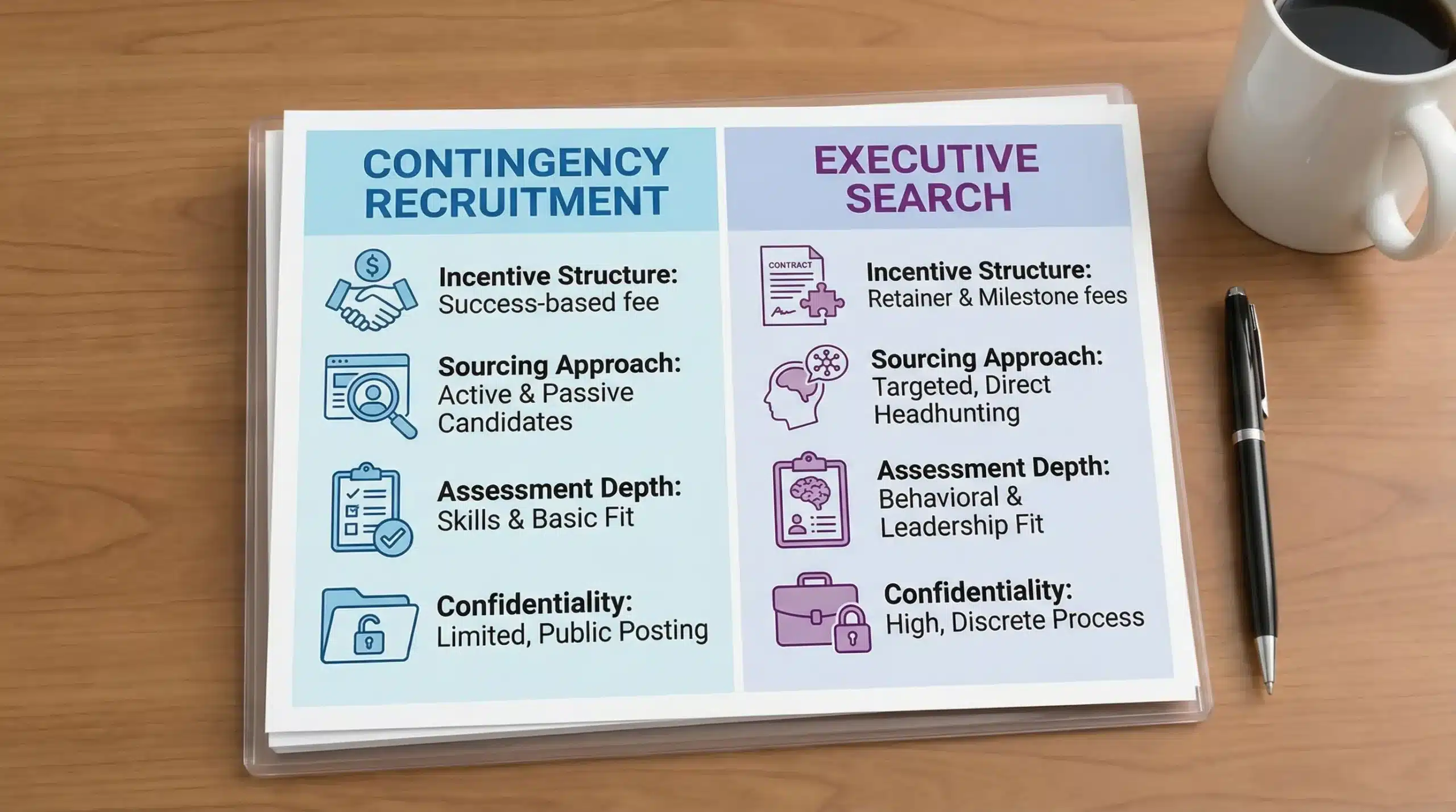 Side-by-side comparison graphic showing “Contingency Recruitment” vs “Executive Search” with icons for incentive structure, sourcing approach (active vs passive), assessment depth, and confidentiality.