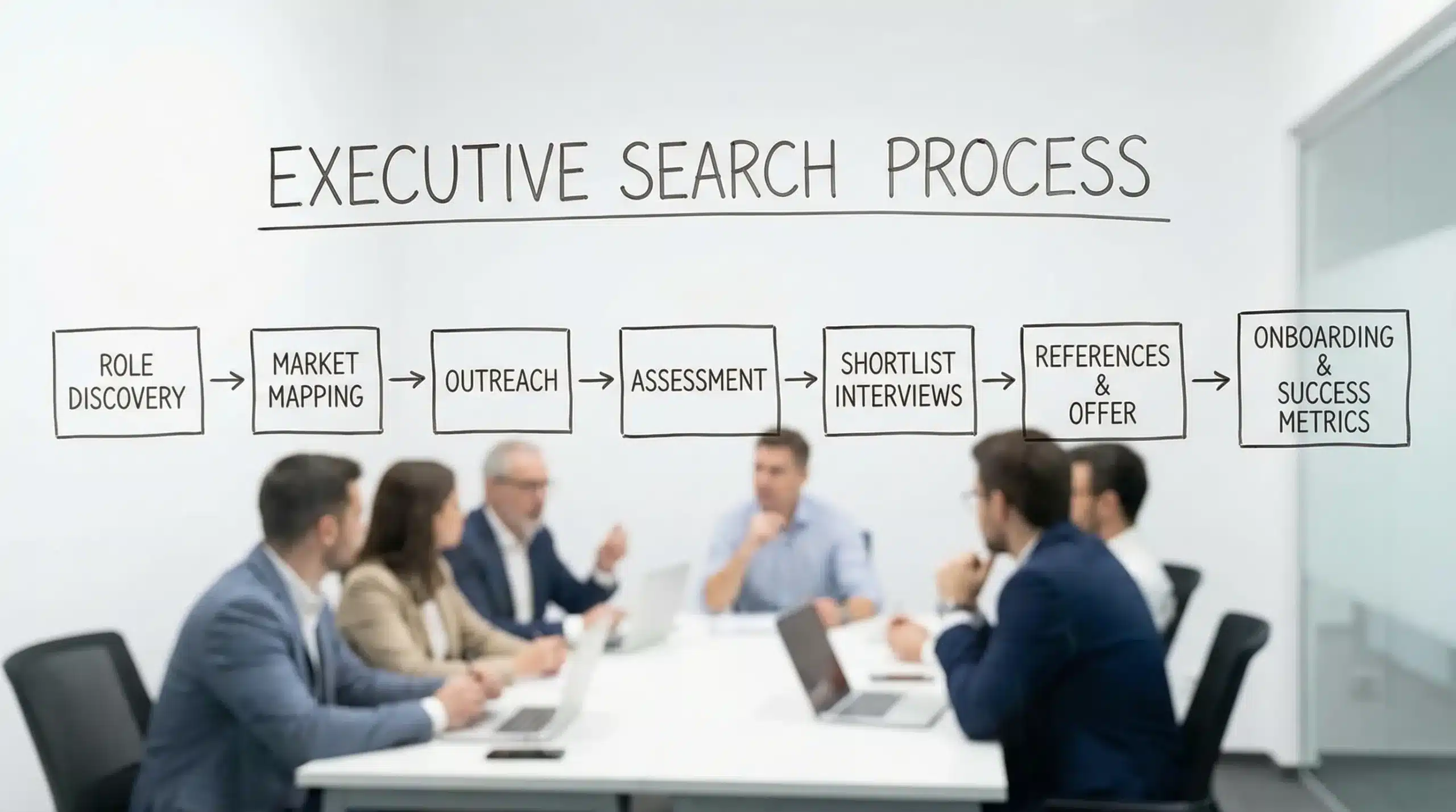 Simple flow diagram showing the executive search process: role discovery, market mapping, outreach, assessment, shortlist interviews, references and offer, onboarding and success metrics.