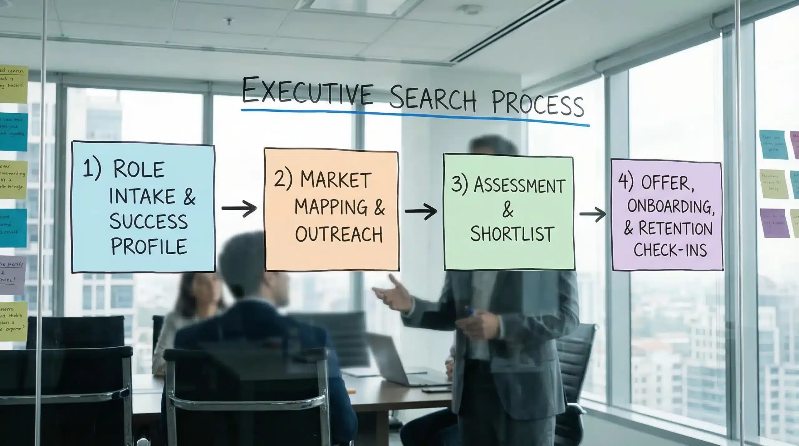 Simple four-step flow diagram showing the executive job agency process: 1) Role intake and success profile, 2) Market mapping and outreach, 3) Assessment and shortlist, 4) Offer, onboarding, and retention check-ins.