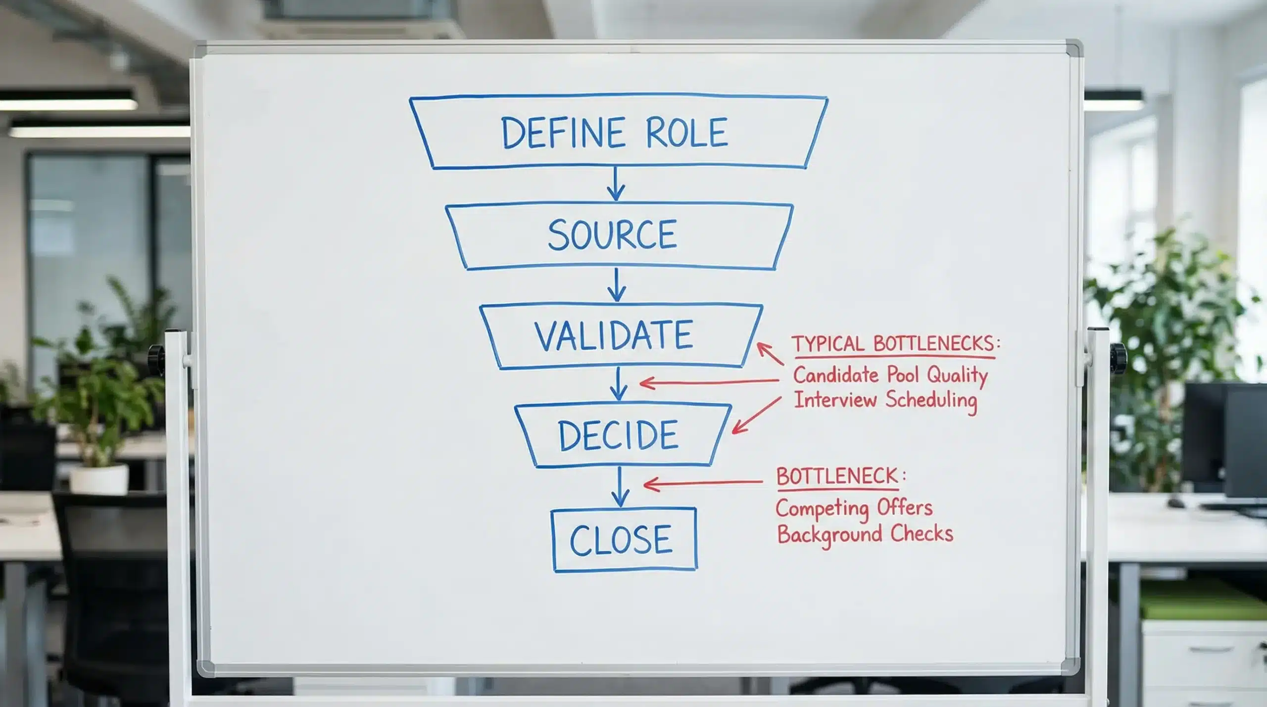 Simple hiring funnel diagram showing five stages: Define role, Source, Validate, Decide, Close, with arrows and typical bottlenecks labeled.